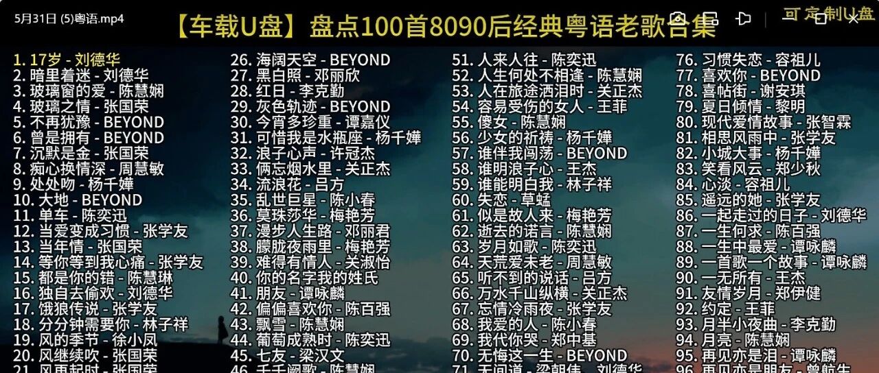 【车载U盘】盘点100首华语经典粤语合集